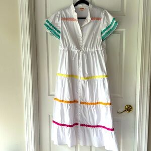 White dress with colorful trim, draw strong waist, maxi